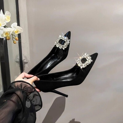 黑色水钻高跟鞋女细跟尖头修身春秋百搭法式职业10cm8com绒面单鞋