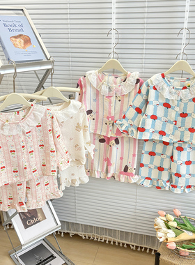 女童卡通印花睡衣套装夏季轻薄透气中大童家居服花边两件套