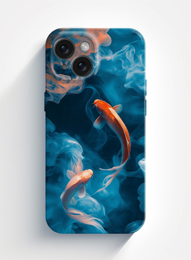 东方美学锦鲤适用于iphone15promax苹果15手机壳14蓝色鲤鱼吉祥如意16新款13/14pro的菲林壳高级感12中国风