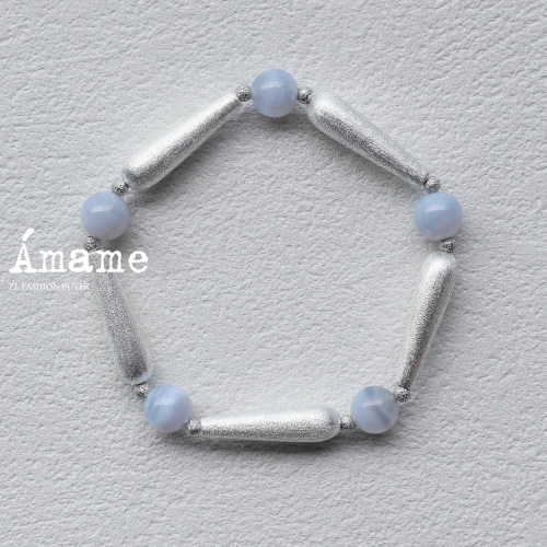 现货Amame蓝雾莫兰迪蓝色蓝纹玛瑙拉丝橄榄手串手链高级小众
