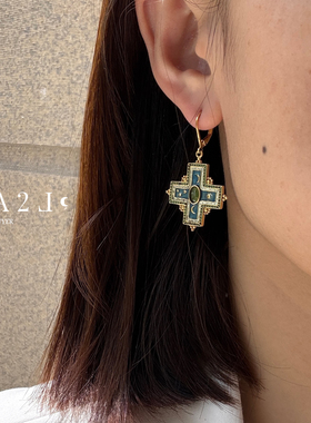 现货LA2L法国纯手工宝石镶嵌十字架珐琅复古高级耳坠耳环POUR TOI