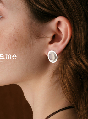 现货Amame磨砂纯银椭圆白玛瑙镶嵌圆珠高级感复古椭圆形耳环耳钉