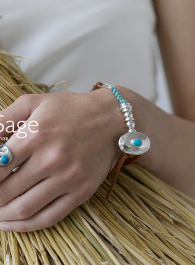 现货Ensage日本纯银绿松石牛皮绳白色串珠手链高级复古Yesung同款