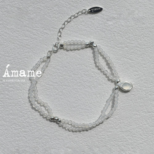 现货Amame白霜纯银白玛瑙串珠水滴双层手链高级清冷感