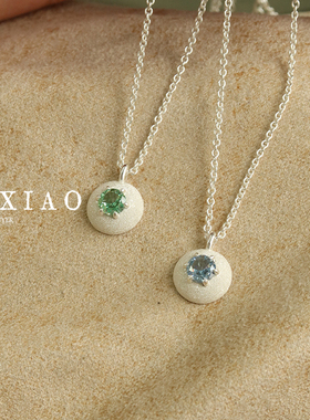 现货PO XIAO烟花切手工钉砂圆形薄荷绿浅海蓝锆石项链小众高级