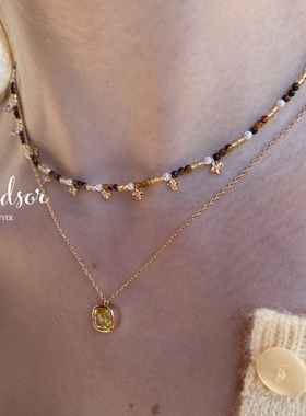 现货LHwindsor温莎虎眼石黄水晶串珠隔珠立体小花项链美拉德色系