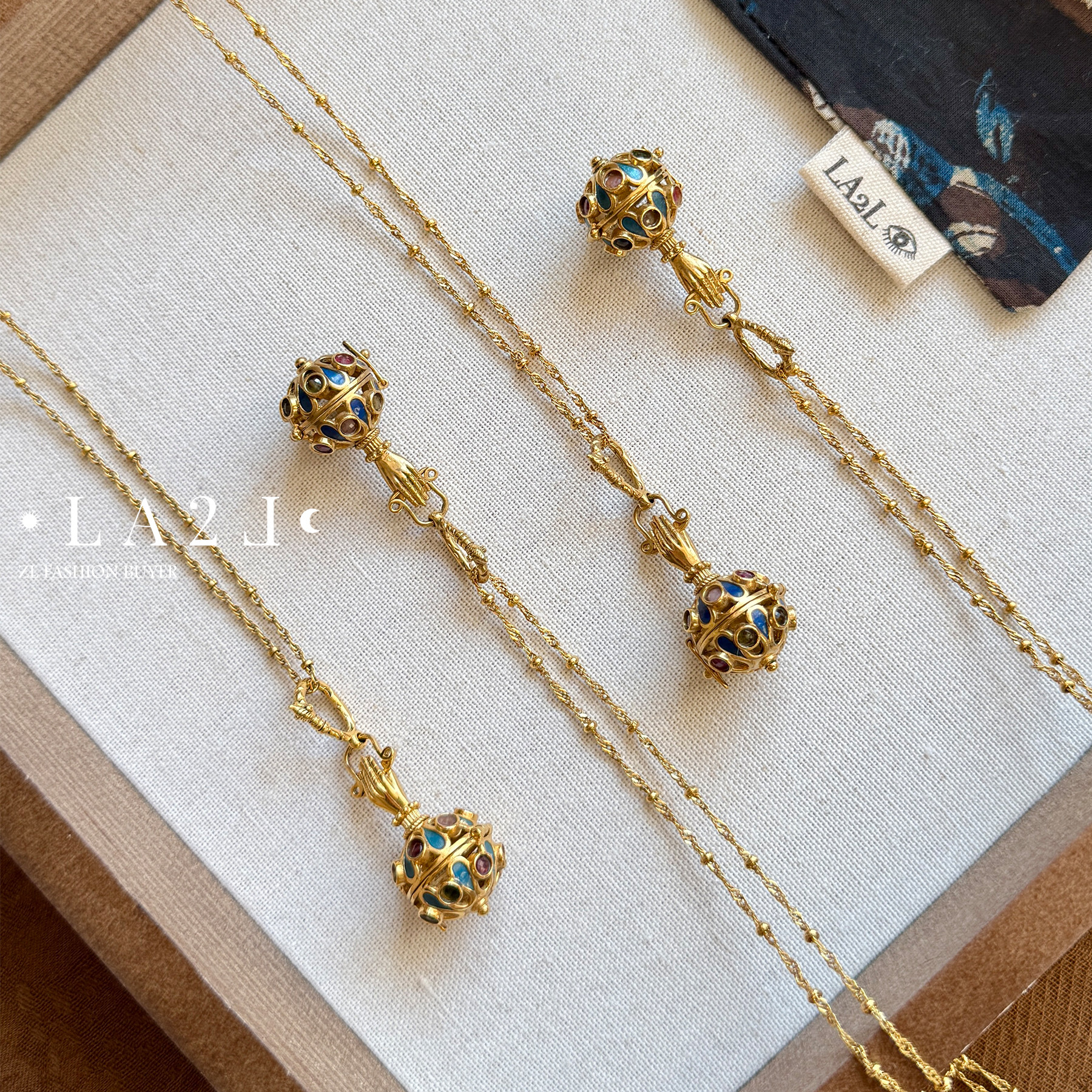 现货LA2L法国珐琅彩色碧玺宝盒长款毛衣链项链纯手工雕刻POUR TOI