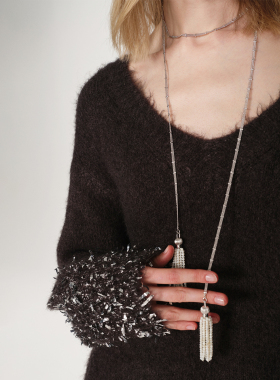 现货DACCORD烟花白贝母串珠流苏镀金银色超长款项链毛衣链