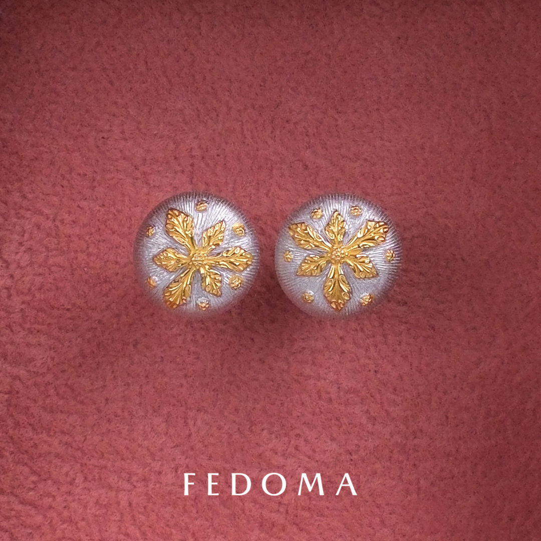 官方授权Fedoma银色拉丝金箔雪花立体雕刻意大利工艺圆形耳钉