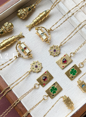 现货LA2L法国硬币雕刻宝石镶嵌异形立体复古项链纯手工POUR TOI