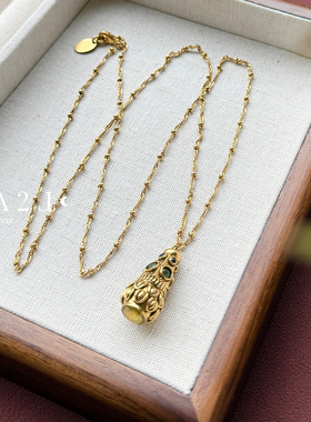 现货LA2L法国立体摆锤纹理雕刻黄水晶纯手工立体复古项链POUR TOI