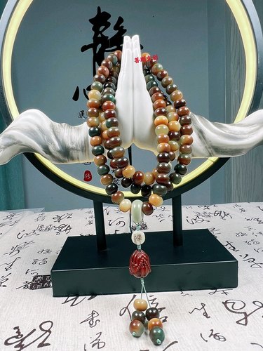 原生态菩提大尺寸10×13敦煌问天108脖挂念珠紫檀佛手设计款佛珠