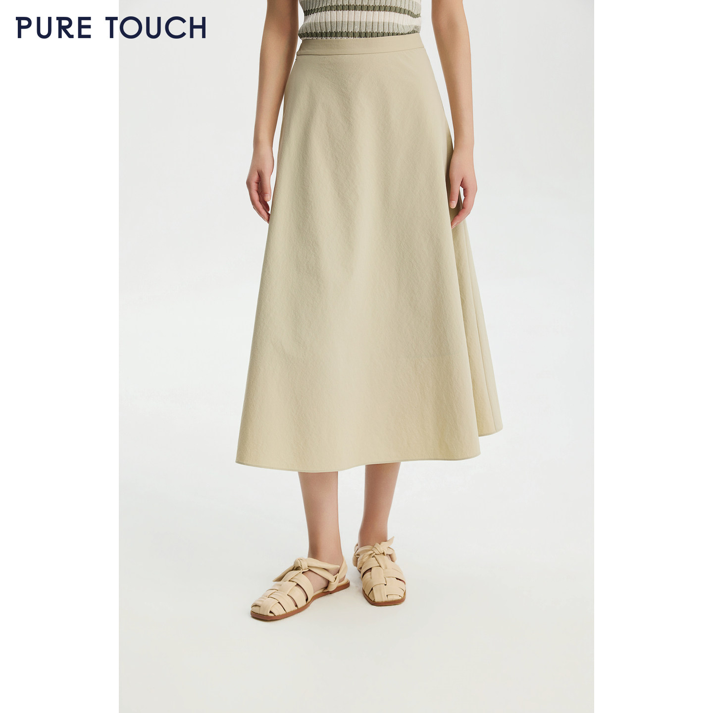 PURE TOUCH 26夏新款A字半身裙浅绿色松紧腰中长款过膝通勤半裙