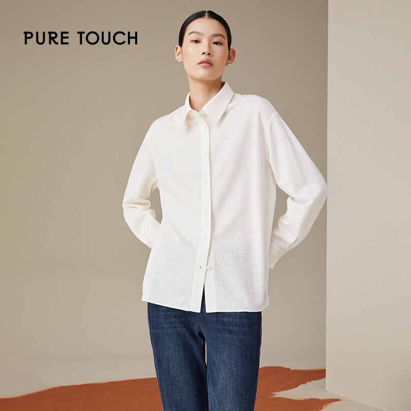 pure touch女士小落肩暗纹提花白衬衫时尚百搭通勤保暖秋冬衬衣新