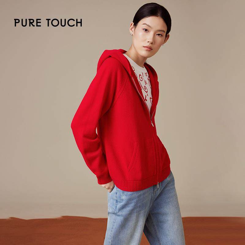 pure touch绵羊毛新年红色连帽拉链针织开衫外套秋冬时尚百搭上衣