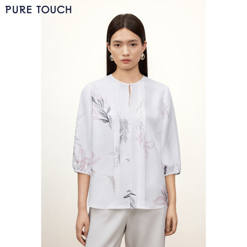 PURE TOUCH 26春夏新款七分袖衬衫19姆米斜纹绸桑蚕丝印花上衣