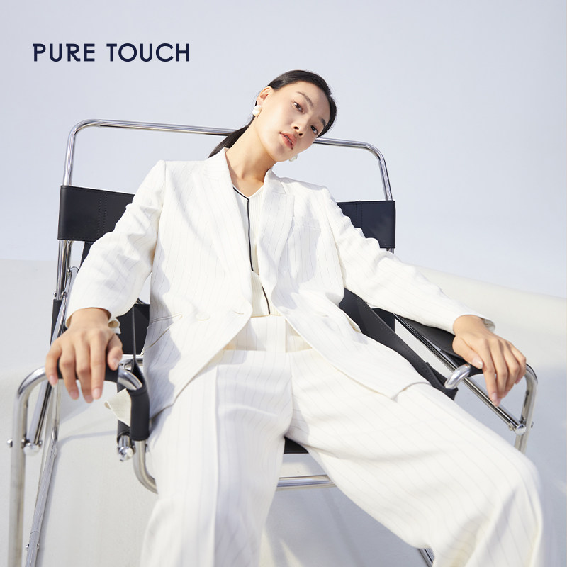 pure touch女士白色醋酸条纹西服职业通勤正装廓形显瘦西装上衣新