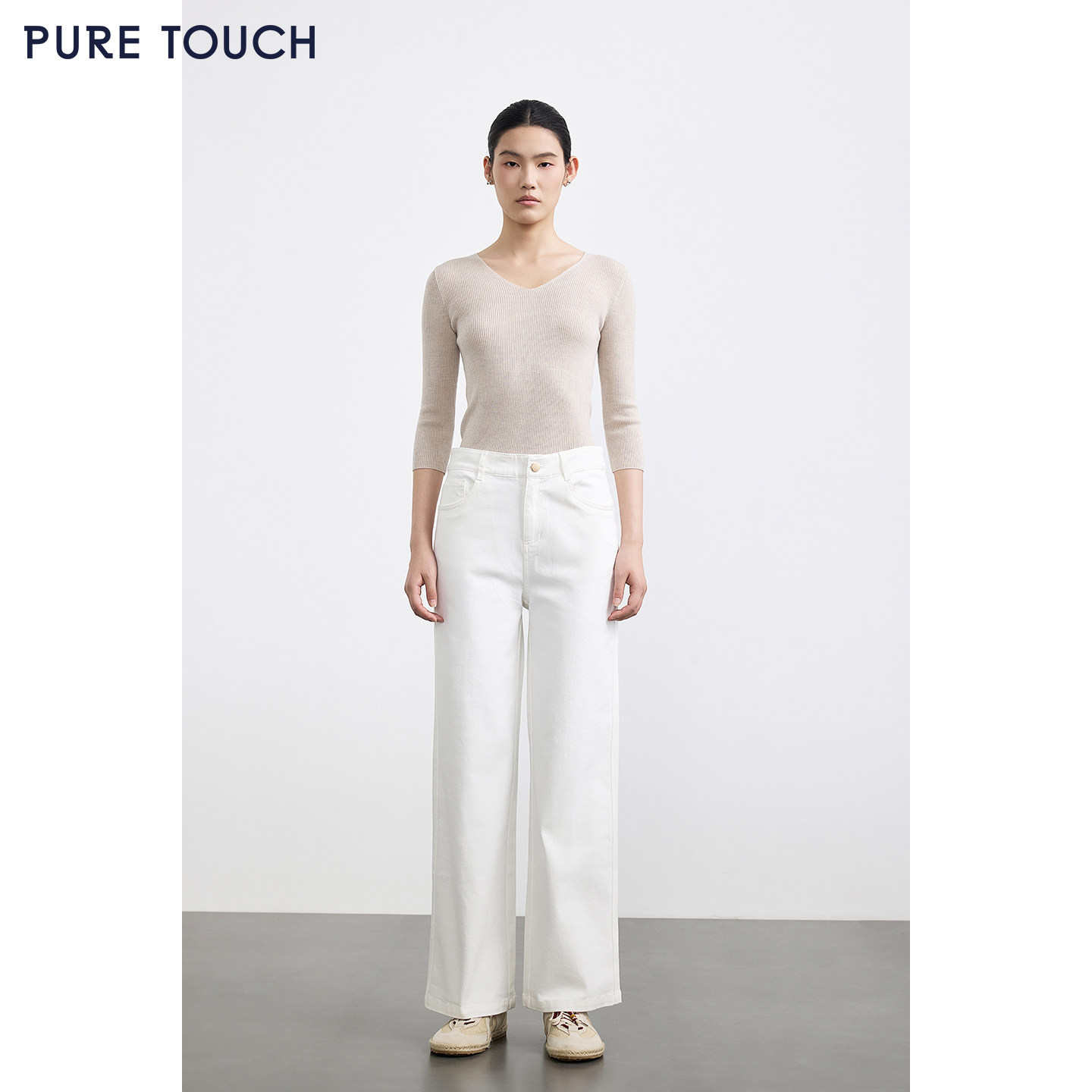 PURE TOUCH女装春夏微弹棉质牛仔裤女白色高腰直筒百搭休闲长裤