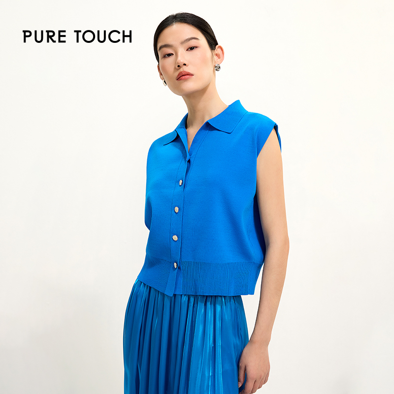 puretouch气质V领短袖针织衫女2025春夏开衫温柔外套蓝色上衣百搭