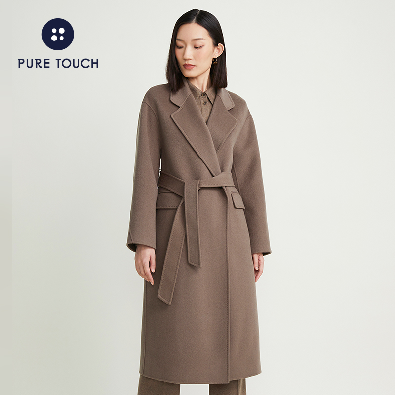 pure touch秋冬女士绵羊毛大衣长款过膝毛呢双面系带保暖时尚外套