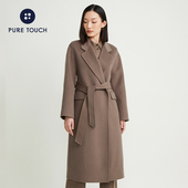 过膝毛呢双面系带保暖时尚 pure touch秋冬女士绵羊毛大衣长款 外套