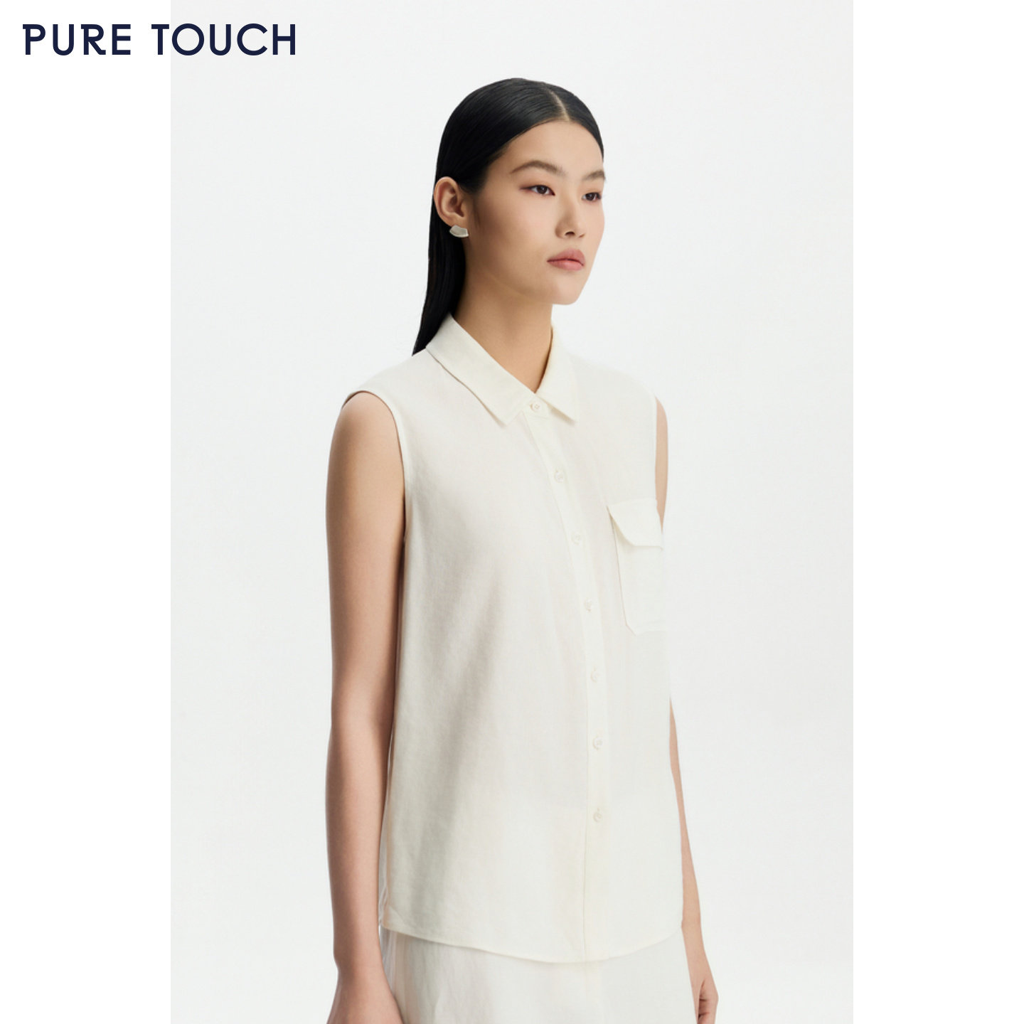 PURE TOUCH26春夏新款亚麻混纺无袖衬衫白色直筒通勤上衣商场同款