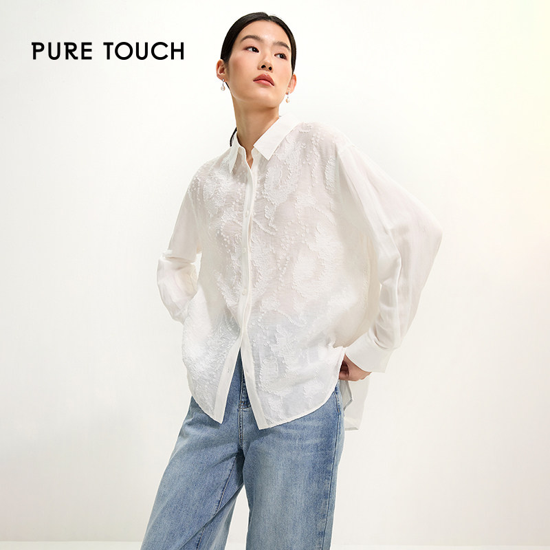 pure touch含亚麻女士廓形提花长袖衬衫通勤简约设计感宽松衬衣新