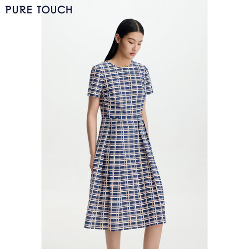 PURE TOUCH 26春夏新款丝棉混纺连衣裙复古格纹收腰A字伞摆中长裙