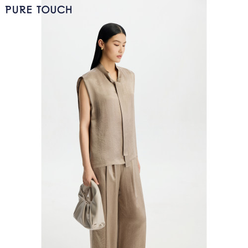 PURE TOUCH 26春夏新款无袖醋纤衬衫极简飘带立领衬衫女优雅通勤