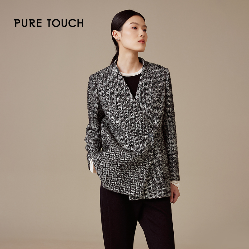 pure touch女士人字纹西装式短外套24优雅通勤短款大衣时尚设计感