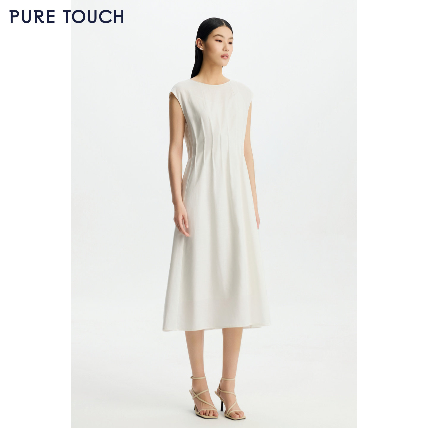 PURE TOUCH26春夏新款盖袖连衣裙中长款白月光收腰抽褶过膝连衣裙