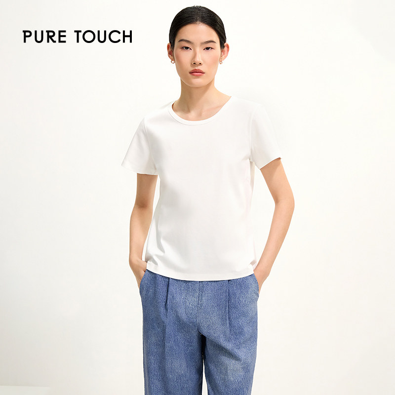 pure touch女士纯棉白色圆领短袖T恤简约时尚百搭舒适设计感上衣