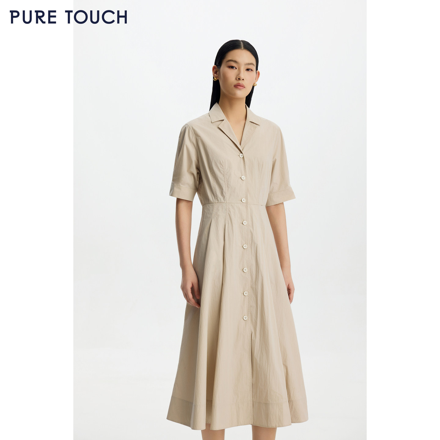 商场同款PURE TOUCH女装26春夏新款连衣裙v领收腰棉混纺过膝长裙