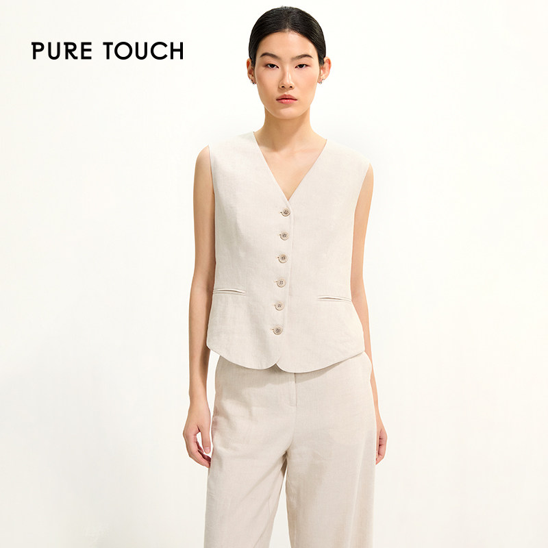 pure touch女士含亚麻西服马甲V领无袖上衣简约时尚百搭舒适新款