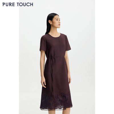 PURE TOUCH 26夏新款短袖连衣裙H型系带中长款通勤长裙蕾丝下摆