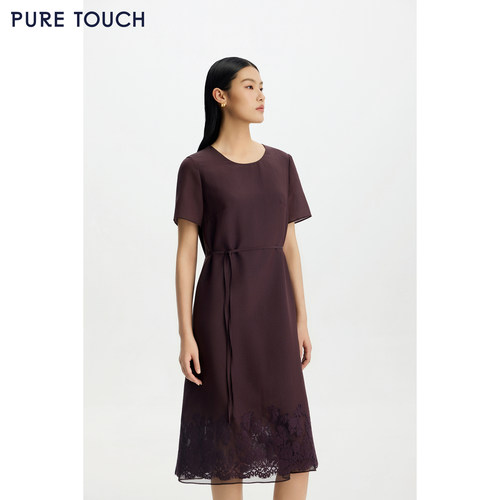 PURE TOUCH 26夏新款短袖连衣裙H型系带中长款通勤长裙蕾丝下摆