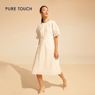 pure touch女士纯棉连衣裙收腰修身白色中长款裙子设计感显瘦夏季