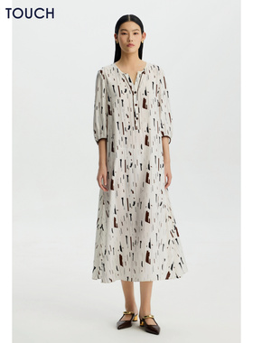 PURE TOUCH女装26夏新款印花连衣裙七分灯笼袖弹力斜纹蚕丝中长裙