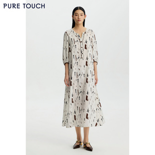 印花连衣裙七分灯笼袖 26夏新款 弹力斜纹蚕丝中长裙 TOUCH女装 PURE