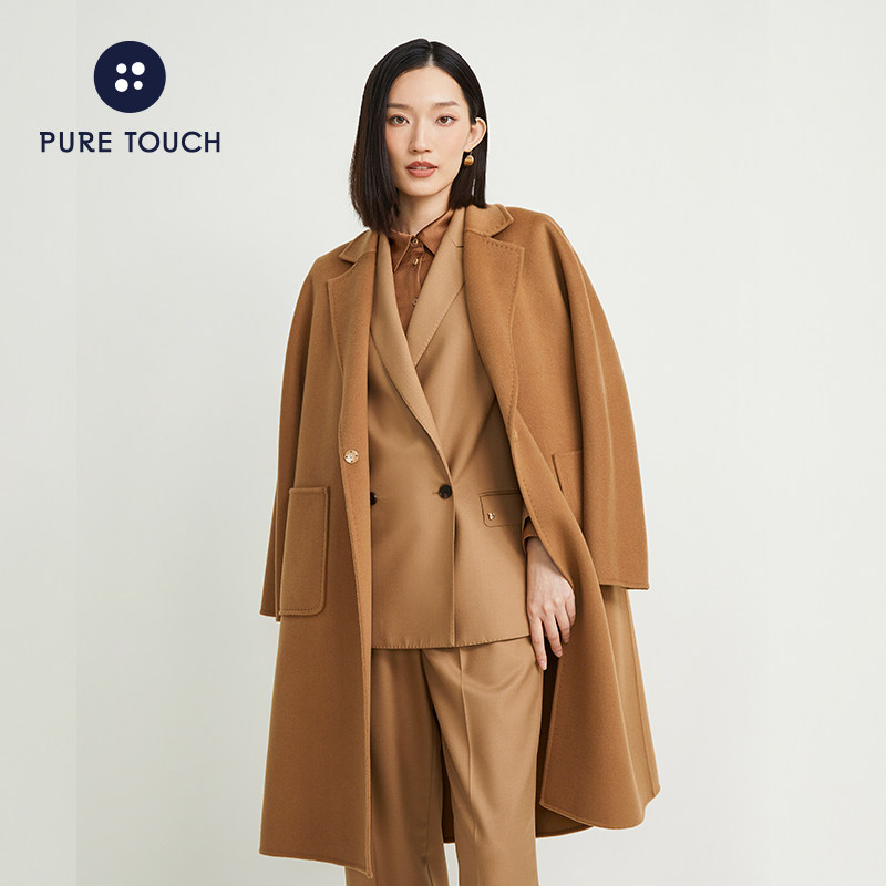 pure touch秋冬女士大衣宽松毛呢双面中长款外套金秋色上衣