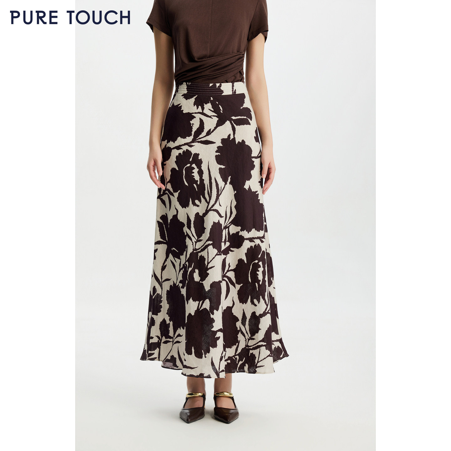 PURE TOUCH 26春夏亚麻迷笛裙A字印花伞裙优雅茶歇半身裙过膝半裙