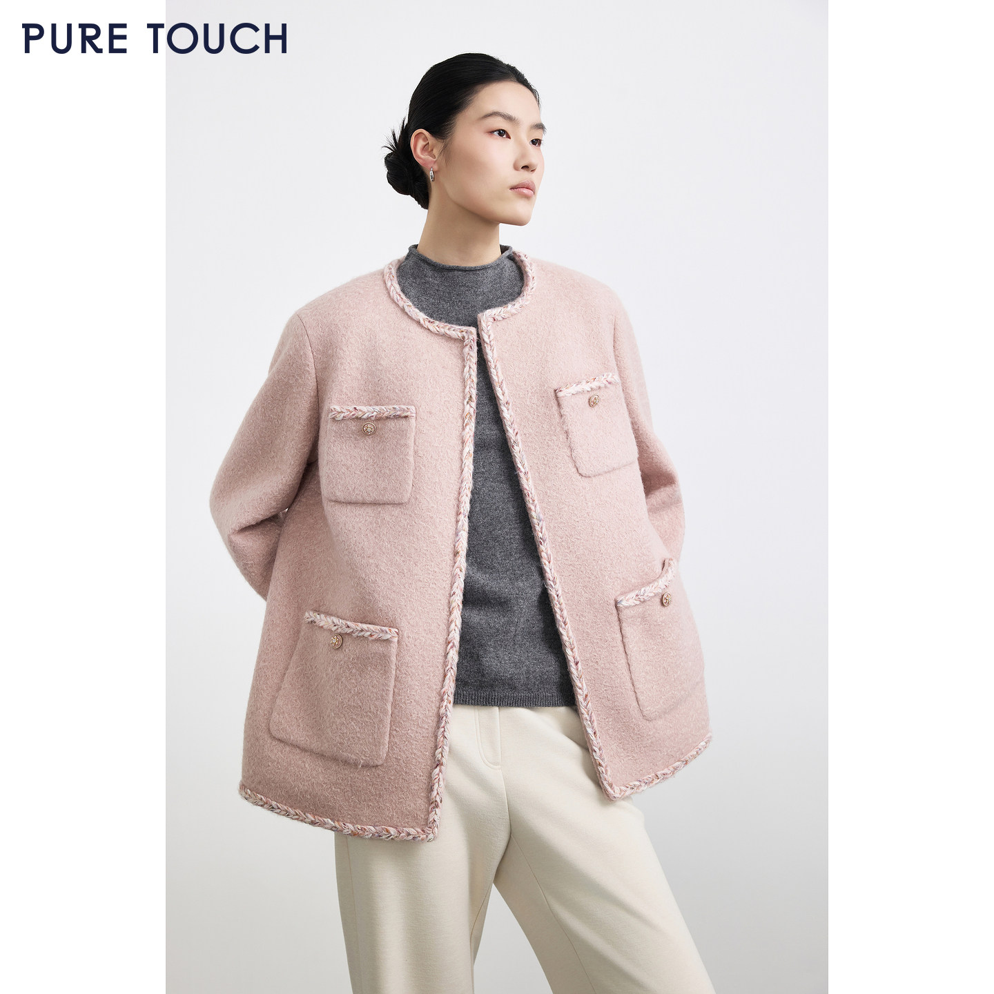 PURE TOUCH女装 25秋冬新款小香风短外套圆领法式粗花呢粉色直身,女装/女士精品,短外套,淘宝优惠券,粉丝福利购,淘宝优惠卷