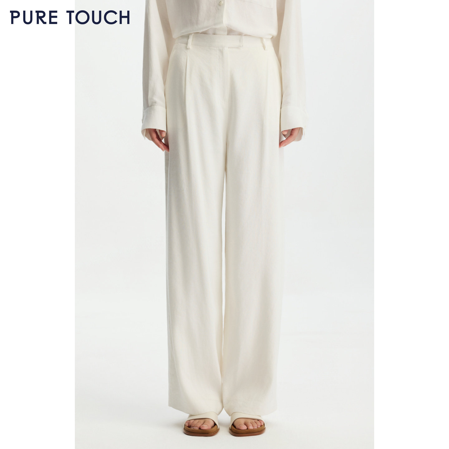 PURE TOUCH26春夏新款亚麻混纺休闲直筒裤白色宽松通勤长裤女