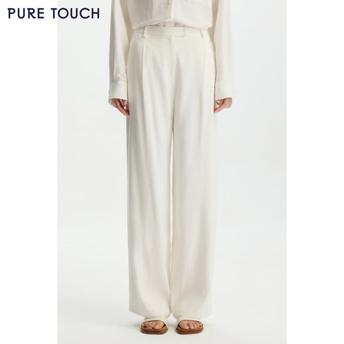 PURE TOUCH26春夏新款亚麻混纺休闲直筒裤白色宽松通勤长裤女