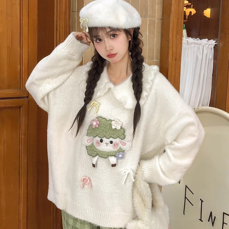 女大童甜美风萌趣小羊毛衣秋冬装2025年新款初中学生宽松外穿上衣