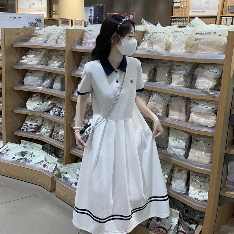 女大童polo短袖翻领中长款连衣裙初中学生学院海军风休闲运动长裙