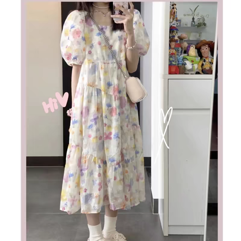 法式甜美连衣裙夏季女大童初中学生高级感泡泡袖碎花收腰公主裙子