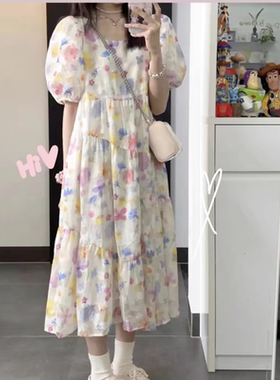 法式甜美连衣裙夏季女大童初中学生高级感泡泡袖碎花收腰公主裙子
