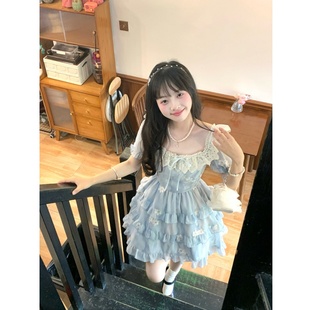 女大童蓝色蕾丝边连衣裙夏季初中学生超仙气质甜美碎花蛋糕公主裙