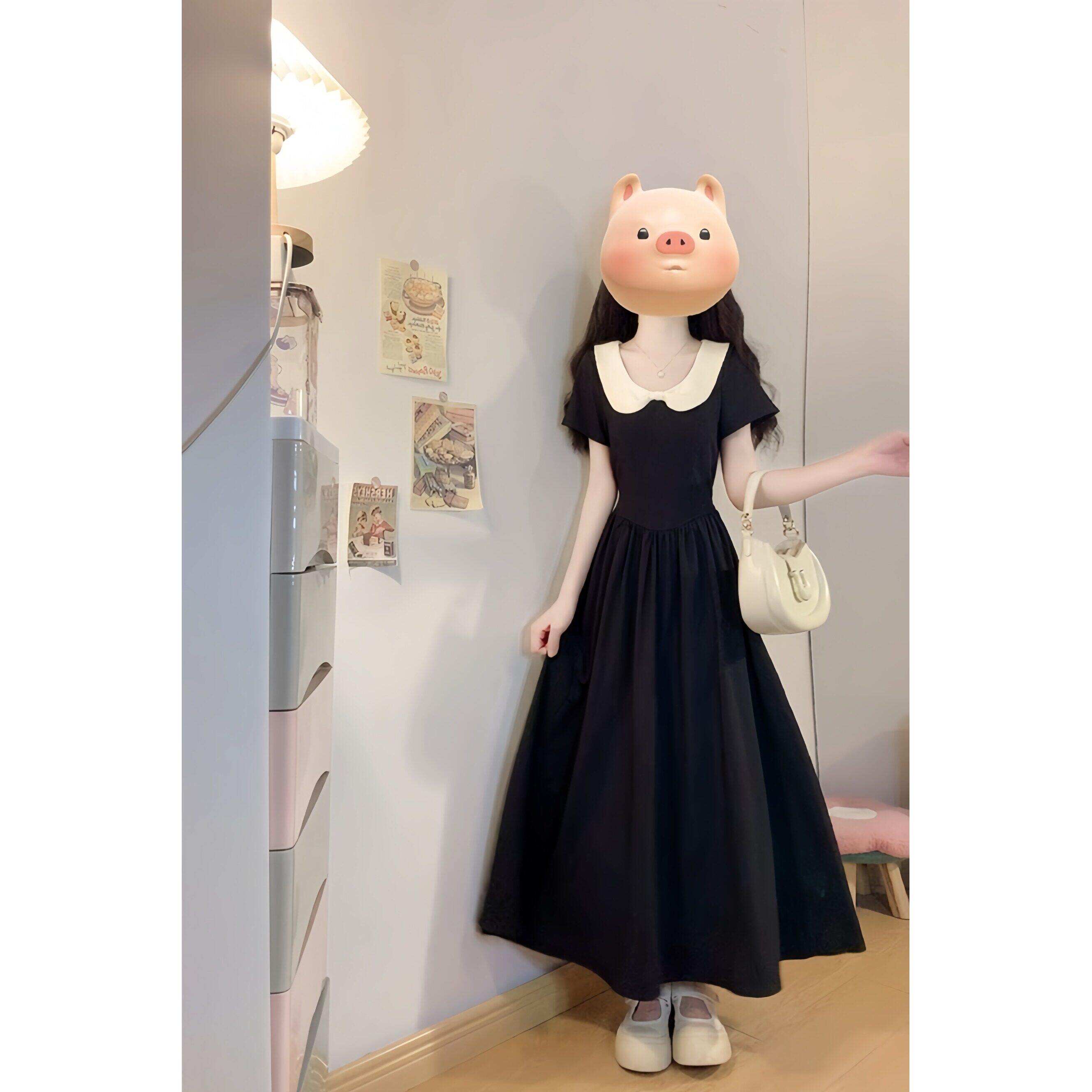 女大童娃娃领黑色连衣裙夏季初中高中学生小个子高级感法式小黑裙